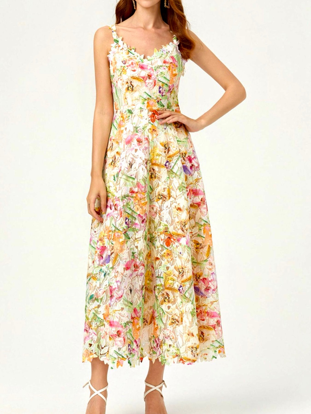 Hello Gorgeous! Floral Brocade Lace A-Line Midi Dress - Apricot